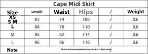 Detailed size guide table for women's red double-breasted suit and A-line midi skirt