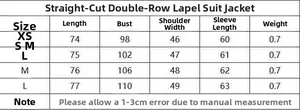 Size chart table for red double-breasted blazer including chest and sleeve measurements