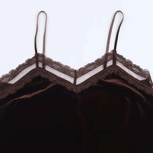 Dark brown velvet camisole with lace trim and slim straps for a sleek feminine look