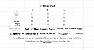 Detailed size chart for women's knit sweater with measurements for S, M, and L sizes