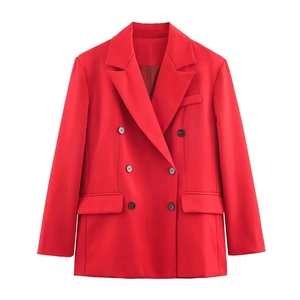 Women Elegant Red Double-Breasted Blazer And High-Waist A-Line Midi Skirt Set Professional Office Commuter Polyester Suit Top Bottom