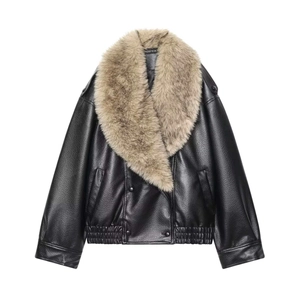 Veste de Motard en Similicuir pour Femme Avec Col en Fausse Fourrure Amovible Manteau d'Hiver Chaud pour Femme Mode