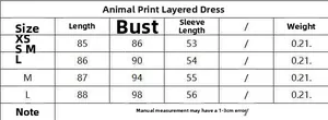 Detailed size chart for animal print tiered dress including bust and length in cm