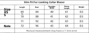 Detailed size guide table for the faux fur lapel blazer with measurements in XS to L