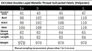 Size chart for metallic thread double-breasted blazer showing chest and sleeve measurements