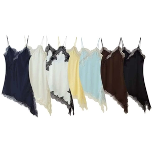 Women Sexy Lace Patchwork Cami Dress Satin Asymmetrical Hem V-Neck Sleeveless Midi Dress Elegant Summer Bodycon Clubwear