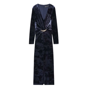 Élégante Robe Midi en Velours Bleu Marine Avec Col en V Boucle de Lune Dorée Manches Longues Robe de Soirée Banquet Femme