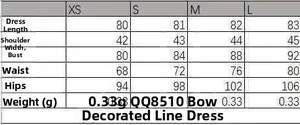 Detailed size chart for bow-trimmed contrast stitch summer dress showing measurements