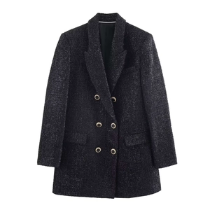 Women's black bouclé tweed blazer with double-breasted gold buttons and flap pockets