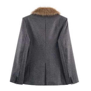 Slim fit grey blazer with brown faux fur collar and back slit detail for women