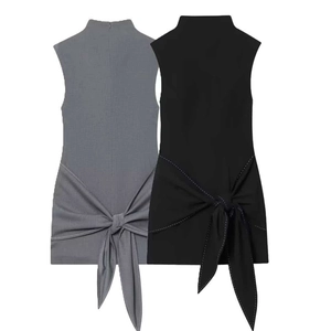Women Mock Neck Sleeveless Mini Dress Summer Bow Tie Waist Contrast Stitching Slim Fit Knit Bodycon Clubwear Party Dress