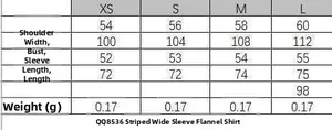Detailed size chart for loose striped poplin shirt with shoulder and bust measurements