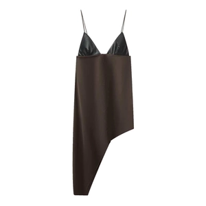 Femme Robe Midi en Satin et Cuir PU Épissage Ourlet Asymétrique Bretelles Spaghetti Sexy Coupe Ajustée Sans Manches Col V