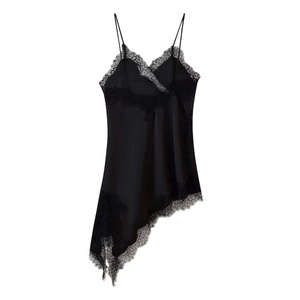 Elegant black satin slip dress with lace trim and asymmetrical hem for women