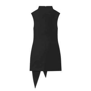 Sleeveless high-neck black dress with white contrast stitching and asymmetric pointed hem