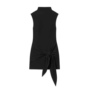 Sleeveless black mock neck mini dress featuring contrast stitching and waist tie details