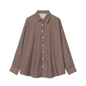 Women's loose casual vertical striped long-sleeve shirt with button-up collar in brown and white