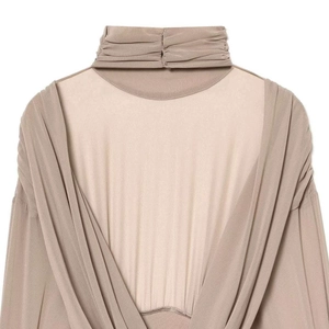 Elegant apricot high-neck bodysuit featuring ruching details and sheer mesh panels