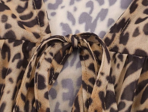 Close-up of leopard print long-sleeved dress showing tie-neck detail and sheer fabric