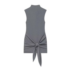 Back view of grey sleeveless mock neck dress with stylish knot tie waist detailing