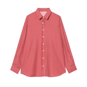 Women Striped Long Sleeve Shirt Back Button Loose Fit Casual Turn-down Collar Blouse Top Red Brown Burgundy Striped