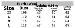Size chart detail for light grey faux fur hooded coat showing measurements for XS to L