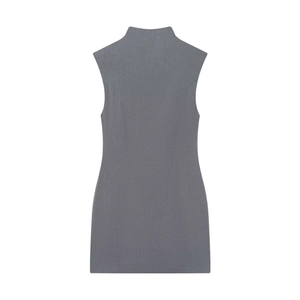 Detail of grey sleeveless high-neck dress showing fine stitching and tailored silhouette