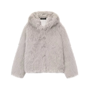 Women Winter Fashion Light Gray Hooded Faux Fur Coat Elegant Long Sleeve Warm Synthetic Fur Jacket Outerwear