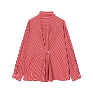 Red and white gingham long sleeve shirt for women featuring a unique buttoned back pleat