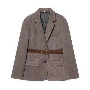 Blazer à Chevrons pour Femmes Avec Ceinture Manches Longues Col à Revers Veste de Costume de Bureau Coupe Régulière