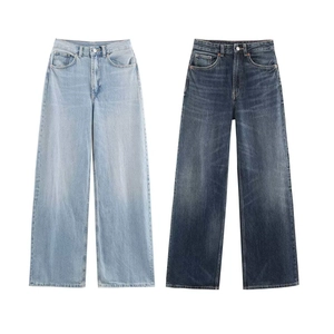 Jeans Jambe Large Taille Haute pour Femmes Dégradé Pantalons en Denim Lavé Vintage Pantalons Droits Amples avec Bouton