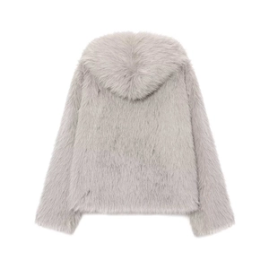 Back view of light grey faux fur hooded jacket with fluffy plush texture in a modern style