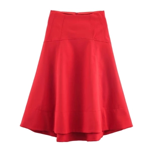 Elegant high-waisted red A-line skirt with vertical seam details on a white background