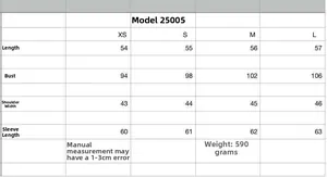 Detailed size chart for women's tweed jacket showing bust, length, and sleeve measurements