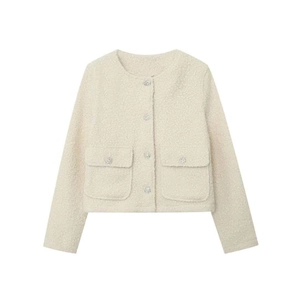 Women's Elegant Faux Lamb Wool Short Jacket Milky White Bouclé Round Neck Rhinestone Button Outerwear Autumn Commuter Coat