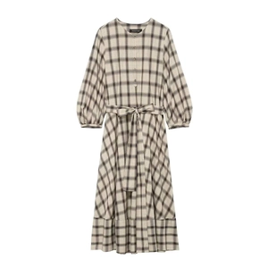 Women Vintage Plaid Midi Dress Lantern Long Sleeve Round Neck Check Pattern Dress With Waist Belt Commuter Style Dress