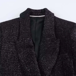 Women's black tweed blazer with metallic shimmer and classic double-breasted lapel