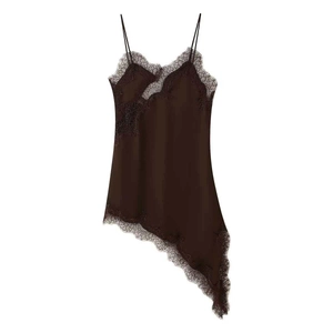 Chocolate brown satin slip dress with eyelash lace trim and asymmetric hemline