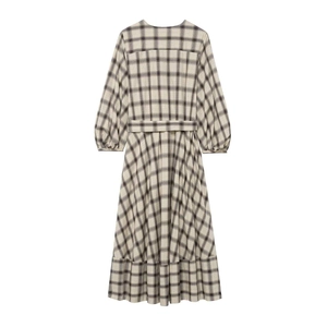 Fashionable beige plaid midi dress with long lantern sleeves and matching waist belt