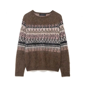 Women Vintage Fair Isle Jacquard Knit Sweater Crewneck Long Sleeve Mohair Texture Pullover Autumn Winter Brown Jumper