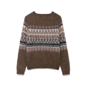 Vintage brown crewneck knit sweater featuring colorful geometric jacquard patterns