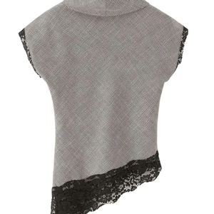 Houndstooth high-neck sleeveless top with asymmetrical lace hem for women