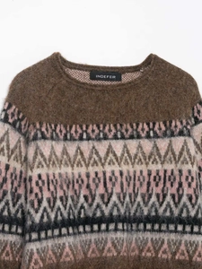 Detailed view of dark brown knit sweater collar with fuzzy mohair texture and jacquard