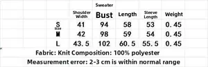 Tableau des tailles pour pull en tricot femme avec mesures d'épaules et de poitrine