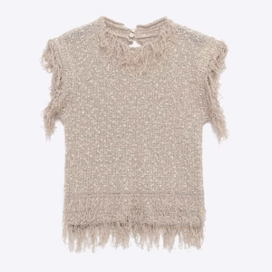 Gilet en Tricot à Glands pour Femmes Sans Manches Col Rond Beige Haut au Crochet Avec Boutons au Dos Boho Tricots d'Été
