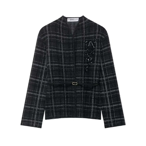 Élégant Cardigan en Tricot à Carreaux avec Perles pour Femmes Veste Slim Fit Manches Longues avec Ceinture Mode Automne