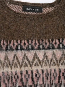 Detailed view of the Fair Isle knit pattern and fuzzy wool texture of the round neck sweater