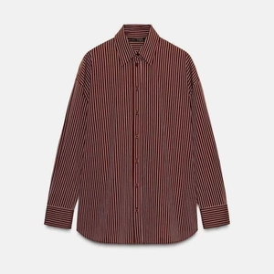 Women's vertical striped long sleeve button down shirt in dark red and black colors