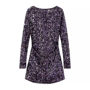Elegant Purple Gradient Sequin Long Sleeve Dress Women Sexy Backless Deep V Bodycon Mini Party Dress For Banquet