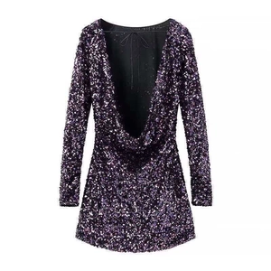 Elegant purple and black sequin mini dress with long sleeves and deep V back design